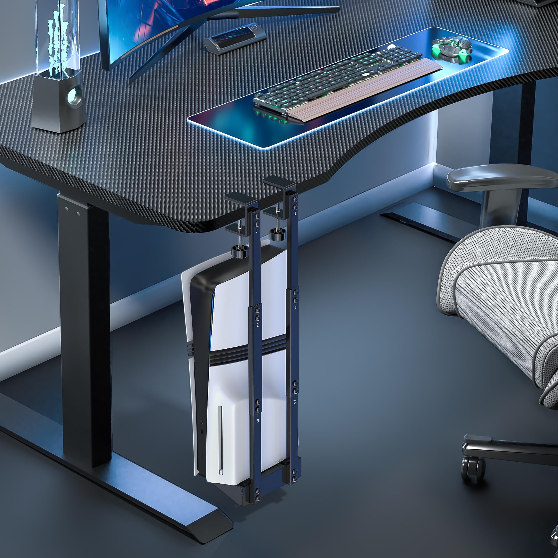 PS5 Supporto Sotto la Scrivania Verticale per PS5/ PS5 Slim/ PS5 Pro, Supporto Sotto Tavolo PS5 per Versioni PS5 Disc & Digital, Accessori Salvaspazio per PS5 Sotto la Scrivania e per lo Stoccaggio 5