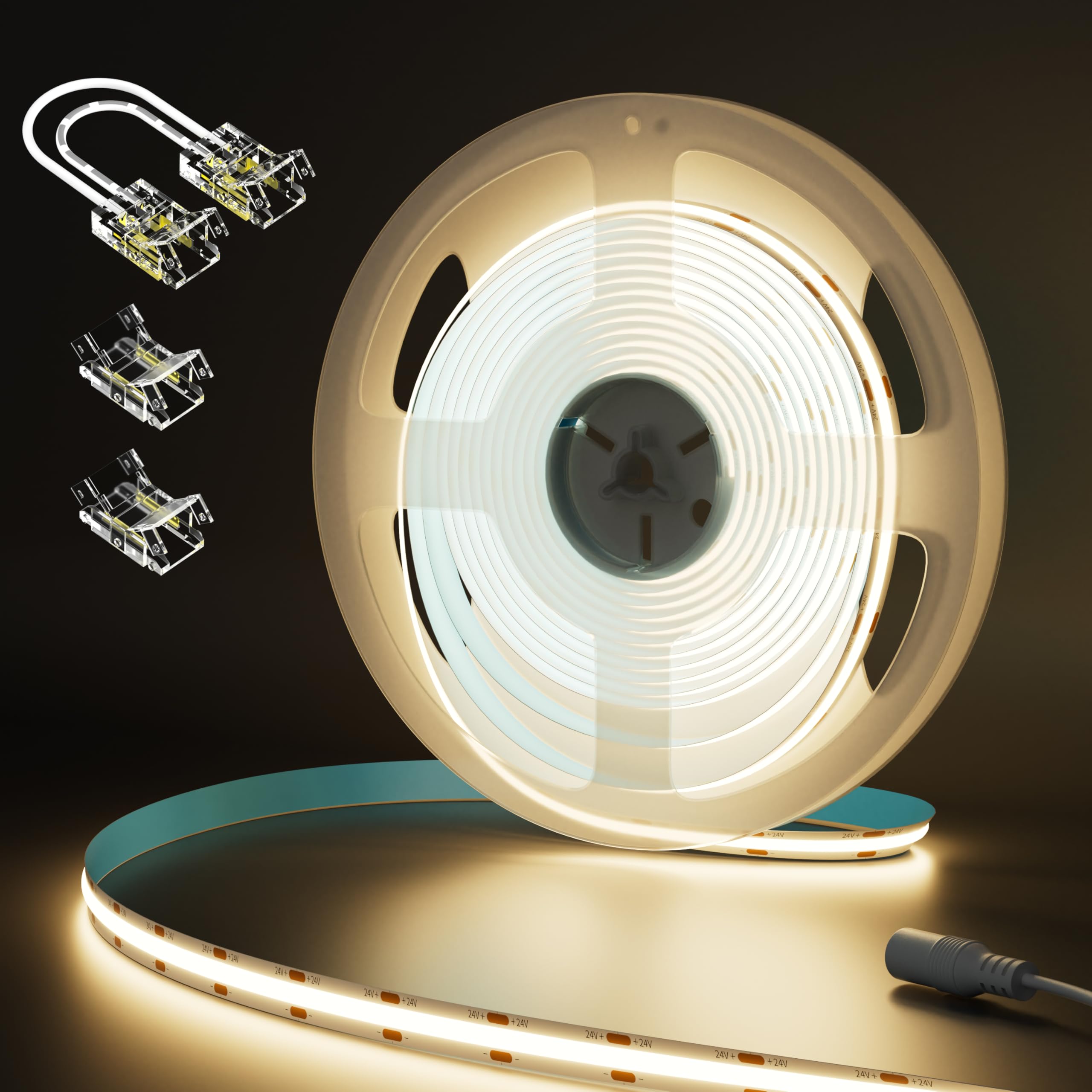 Photo 1 of MIWISE COB LED Strip 32.8ft/10m,CRI 90+ Warm White 3000K High Lumen Super Bright Flexible DC24V LED Tape Light,for Cabinet Home Office DIY Lighting Projects(Adapter&Controller NOT Included)
