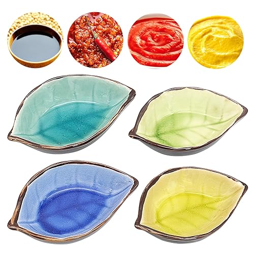 BLLREMIPSUR 4 pcs Ceramic Sauce Dishes, Leaves Shape Sauce Bowls Mini Side Seasoning Dish Sushi Soy Sauce Dipping Condiment Dishes