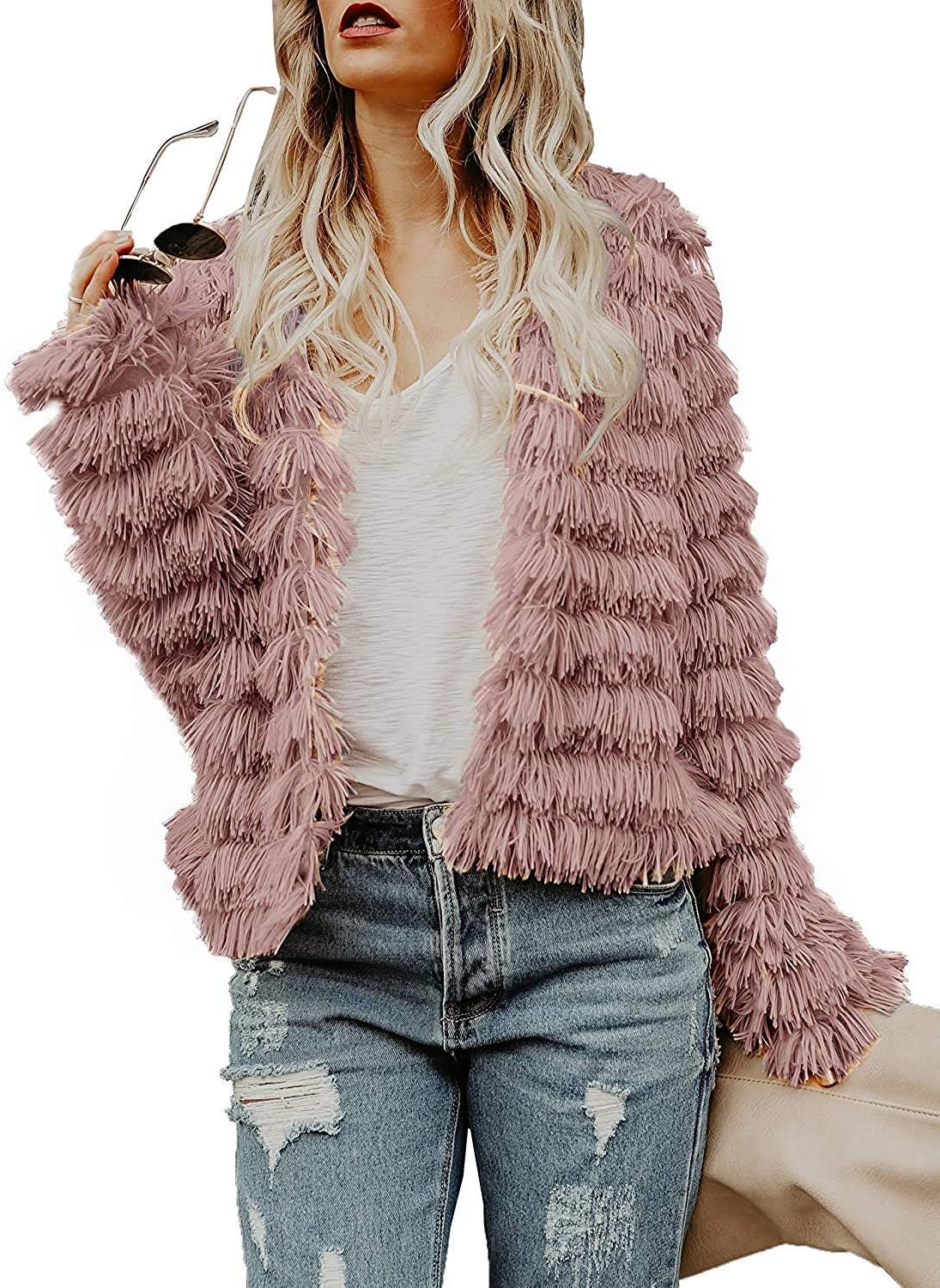 Womens Open Front Faux Fur Cardigan Vintage Parka Shaggy Jacket Coat