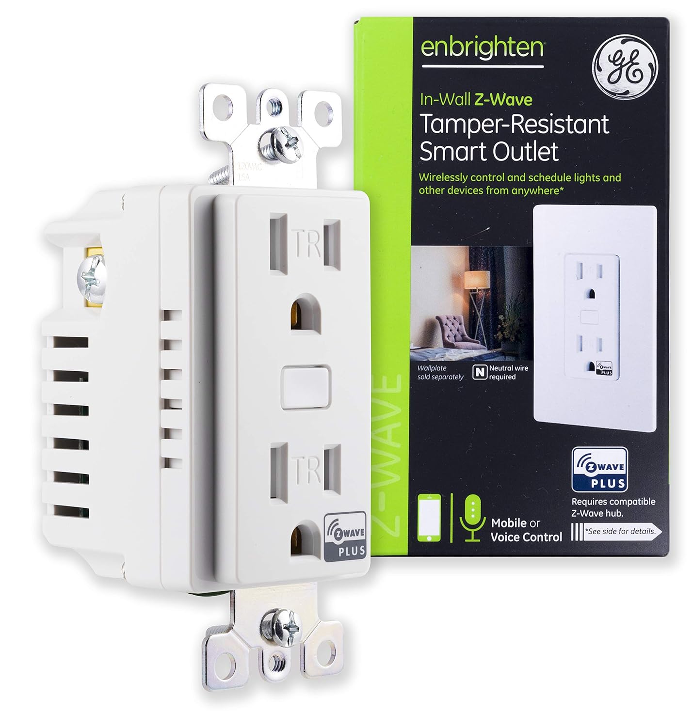 GE Enbrighten ZWave Plus Smart Receptacle Outlet, On/Off, Tamper