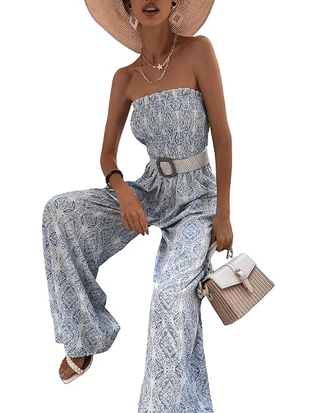 SWEATYROCKS WOMEN’S PRINTED SLEEVELESS TUBE TOP SHIRRED LONG PANTS JUMPSUIT ROMPER BLUE SMALL