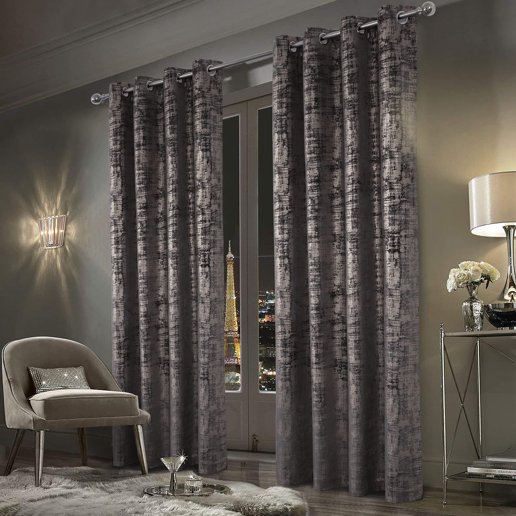 always4u Soft Velvet Curtains 100% Blackout for Window for Bedroom Thermal Gold Foil Printed Shining Luxury Window Treatment Drapes for Living Room 1 Pair Charcoal Grey 46 * 90