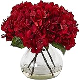 Nearly Natural 8.5in. Red Hydrangea Silk Flower Arrangement with Glass Vase