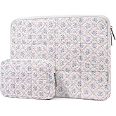 MOSISO 13-14 inch Laptop Case, 13.3 inch Puffy Laptop Sleeve Compatible with MacBook Air 13.6 M4 M3 M2 M1/Pro 13/Pro 14, HP Dell ASUS Lenovo, Square Quilted Carrying Bag with Small Case, Floral Grid