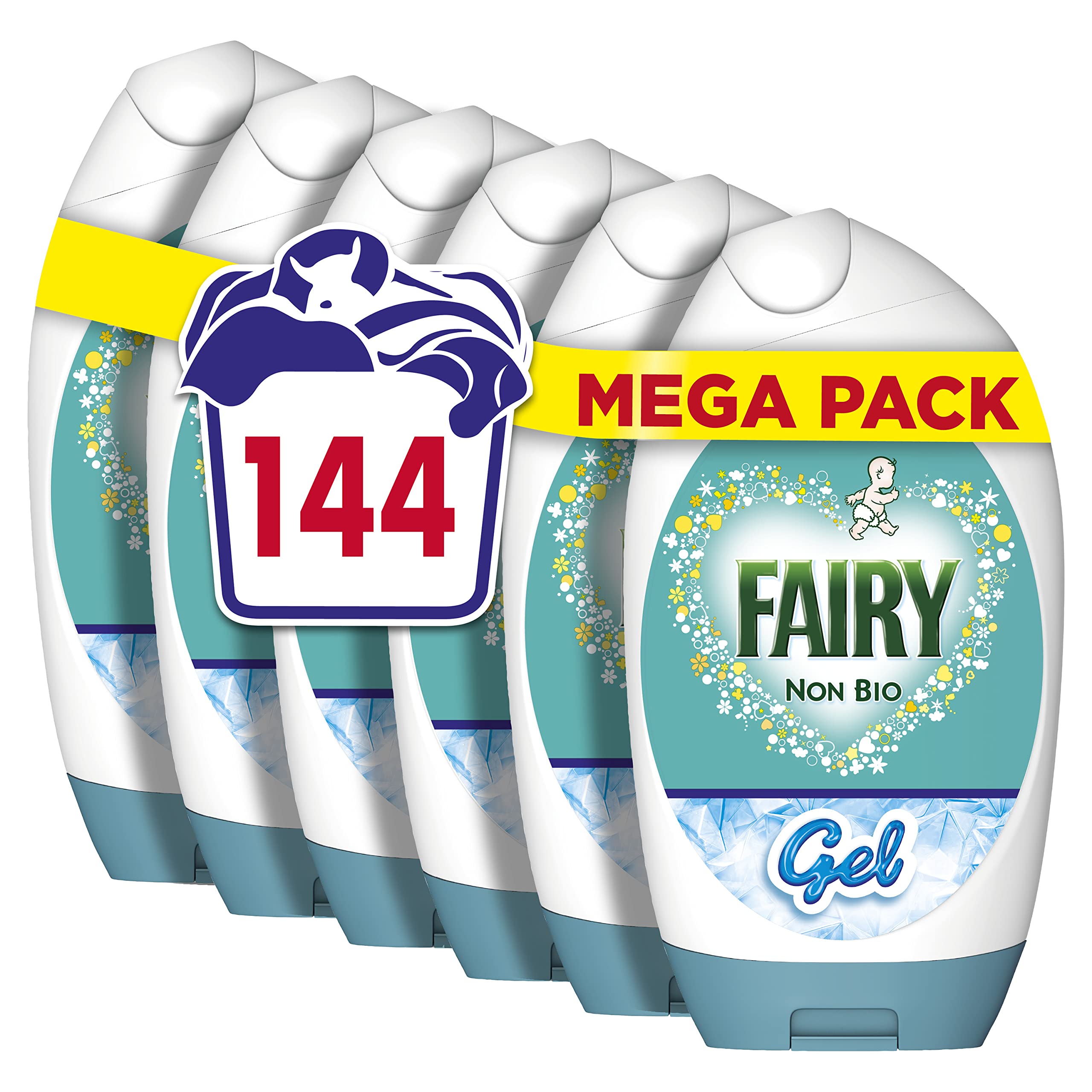 Fairy Non-Bio Washing Liquid Laundry Detergent Gel, 144 Washes, 5.33 L (888 ml x 6), Huggably Soft for Sensitive Skin