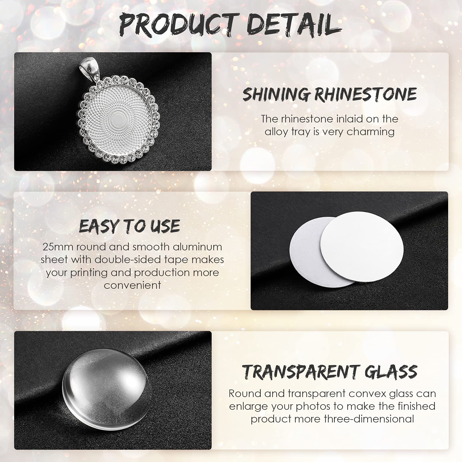 Hicarer 32 Pcs Sublimation Necklace Blank Round Rhinestone Bezel Pendant Trays Set with Glass Domes Sublimation Blank Discs Double Sided Adhesive Tape for DIY Wedding Birthday Graduation Jewelry Gifts