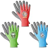 COOLJOB 3 Pairs Kids Gardening Gloves for Age 9-12, Children Toddlers Boys Grippy Rubber Coated Work Gloves, Red & Green & Blue (Explorer, Large L)