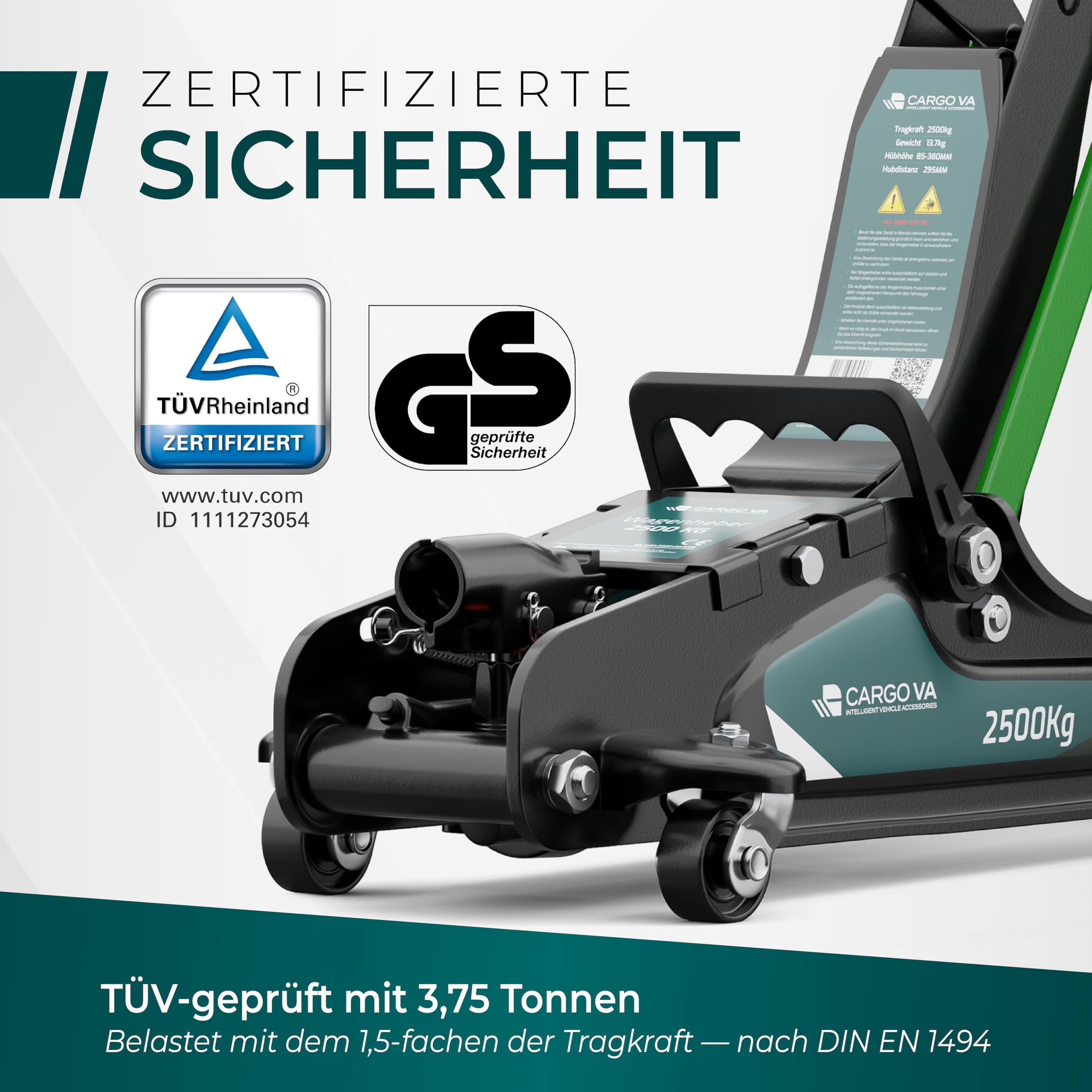 Wagenheber hydraulisch 2,5T – TÜV – 85-380mm Hub – flach für tiefergelegte Autos – Rangierwagenheber inkl. Gummiauflagen [Karton] 2