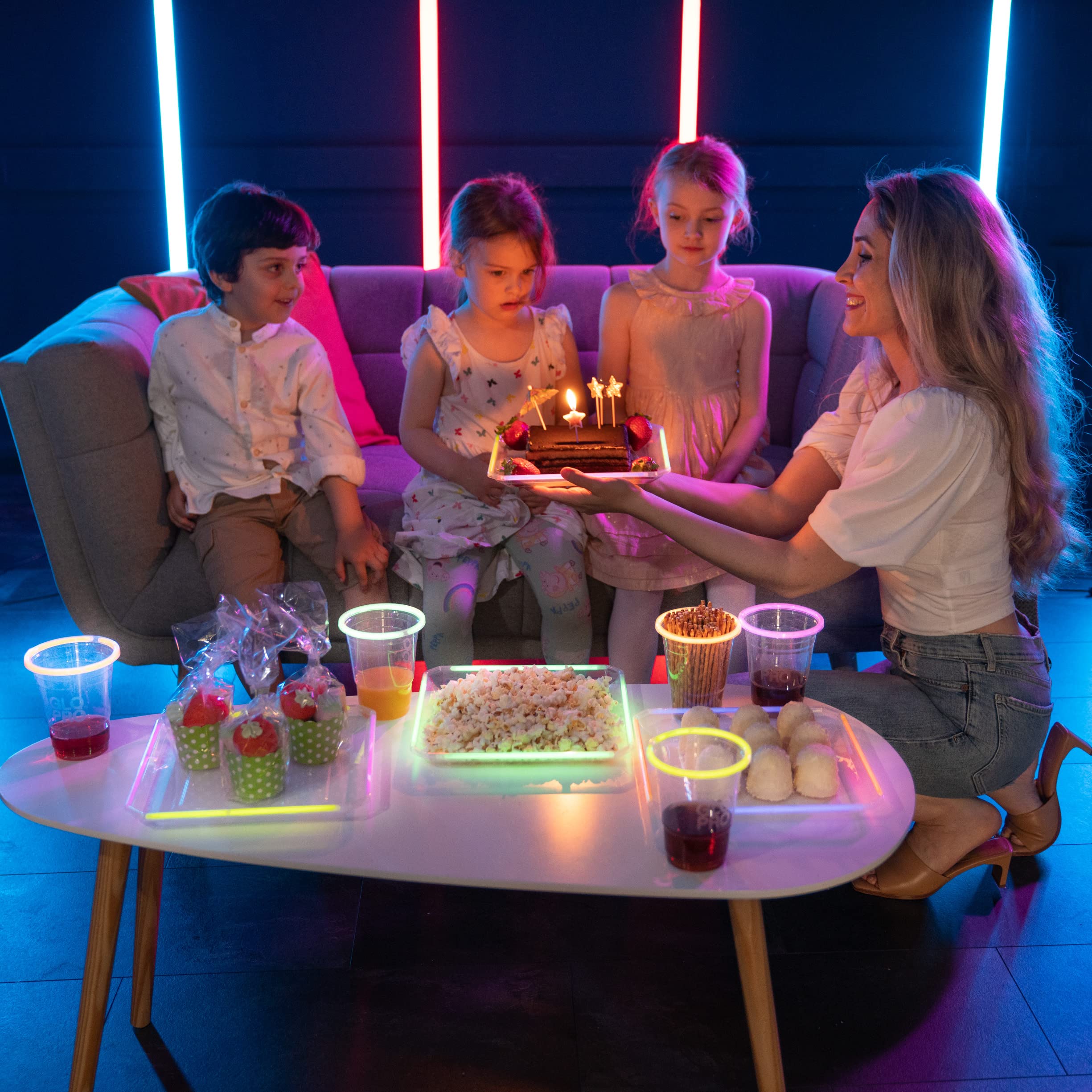 NEON GLOW PARTY PLATES REUSABLE 10-Inch Square Blacklight Party Glow party Glow Party Decorations Favors Glow Sticks Light Up Plates Tableware