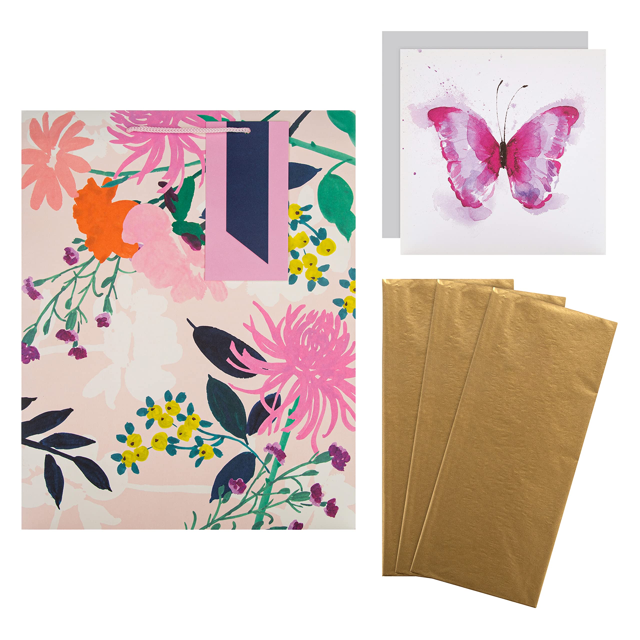Hallmark Multi Occasion Gift Bag and Card Bundle - 1 Blank Card, 3 Gold Tissue Paper Sheets and 1 Large Gift Bag in Contemporary Designs