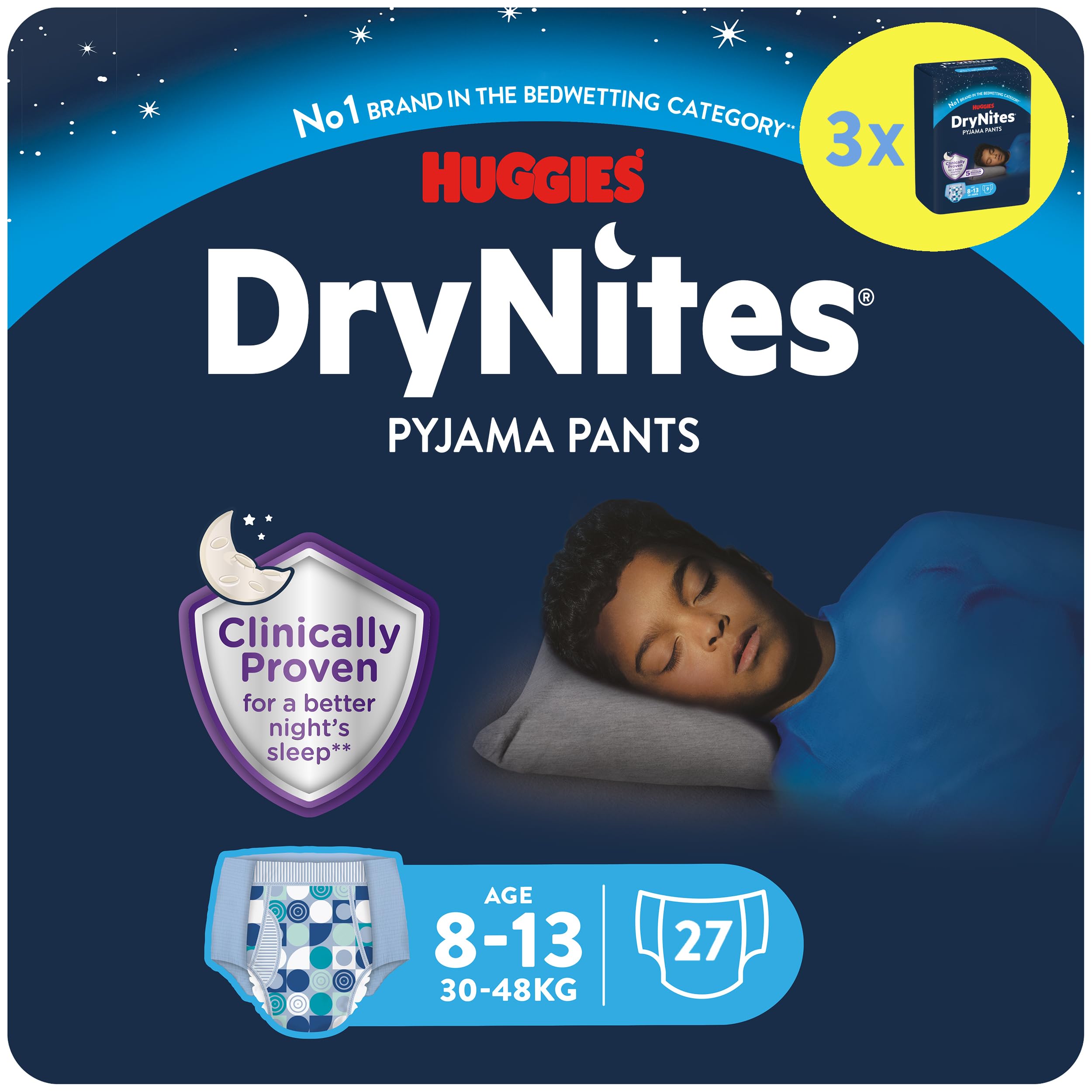 Huggies DryNites, Pyjama Pants for Boys - Sizes 8-15 Years (27 Pants) - Night Time Pants for Child and Teen Bed Wetting - Unbeatable Protection and Discrete Design