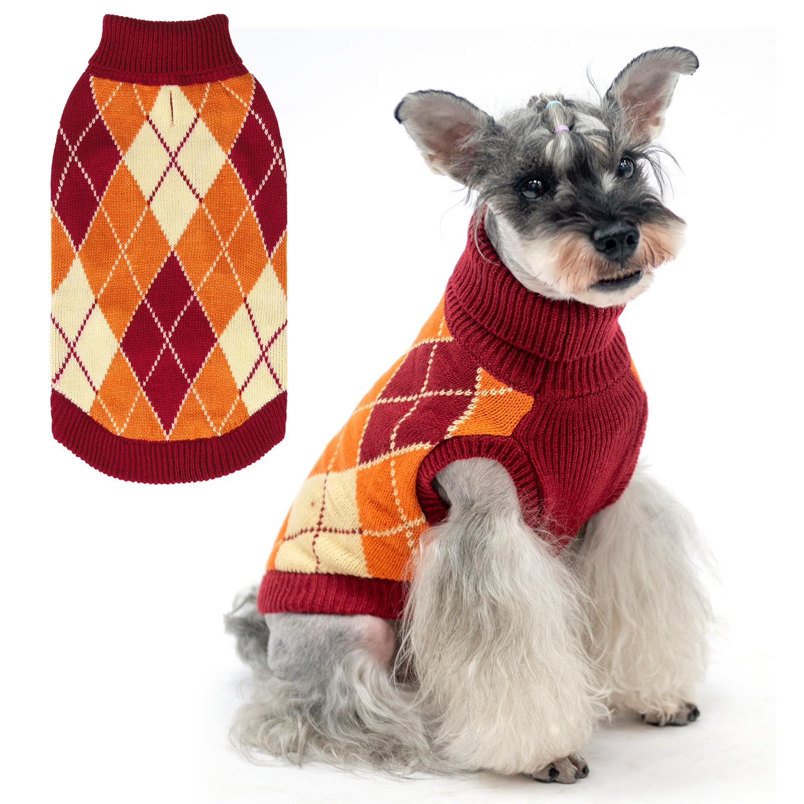 KOOLTAIL Small Dog Jumper, Knit Turtleneck Orange Fall Dog Sweaters for Medium Large Dogs, Plaid Pullover Cold Weather Knitwear Dog Winter Warm Clothes, Pet Coat Puppy Sweater for Girls Boys M