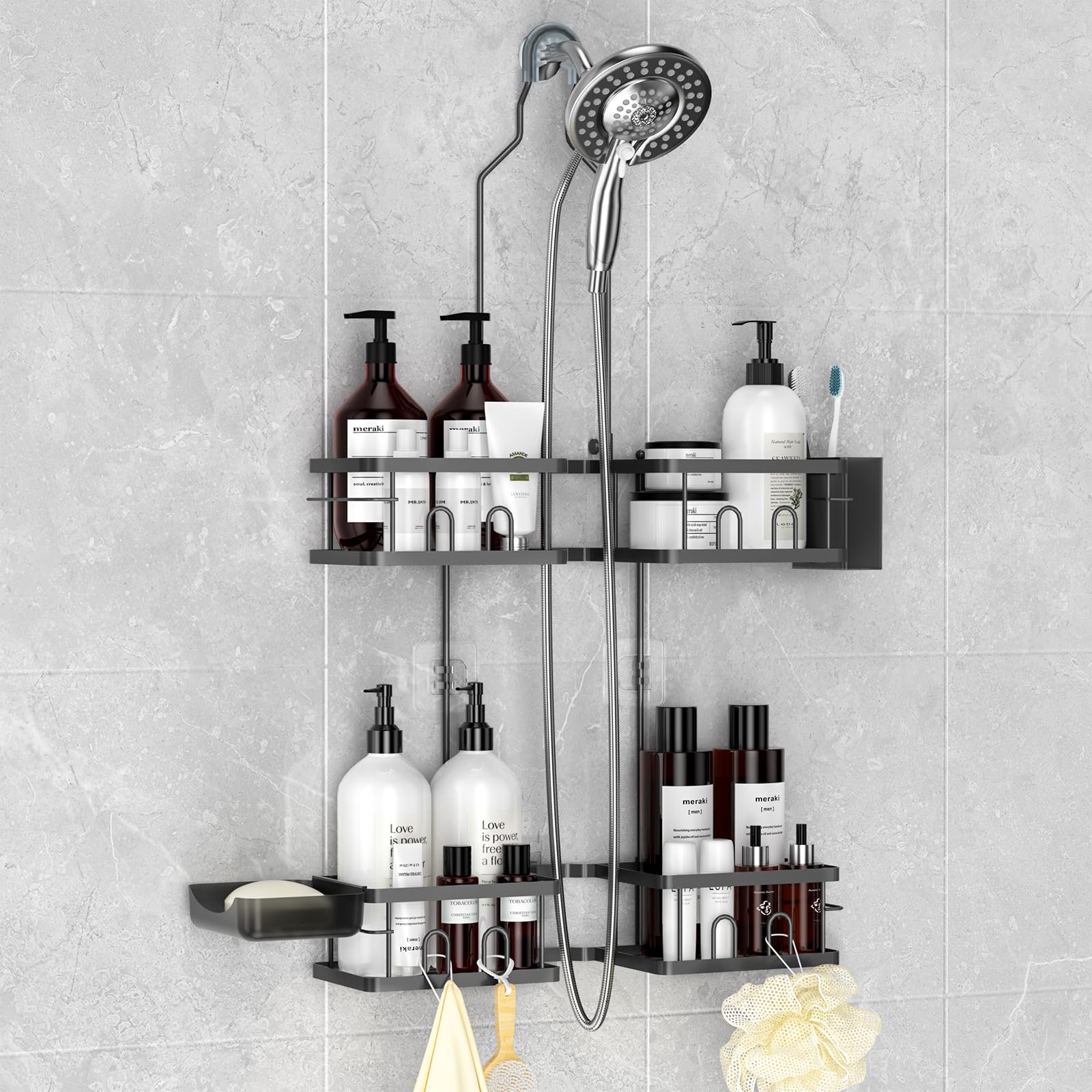 REINHARDT Shower Caddy Hanging Adjustable Shower Caddy for Handheld Showerheads, Rustproof Shower Organizer with Soap Holder Toothbrush Holder, Black