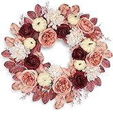 24 Inch Fall Wreaths for Front Door Outside Autumn Silk Flower Wreath with White Artificial Pumpkins, Peony, Rose & Leaves – Fall Door Wreath for Outdoor Indoor Thanksgiving Decor Pink and Burgundy
