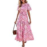 KIRUNDO Floral Maxi Dresses for Women 2026 Spring Summer Wedding Guest Short Sleeve Smocked Waist Flowy Beach Vacation Dress