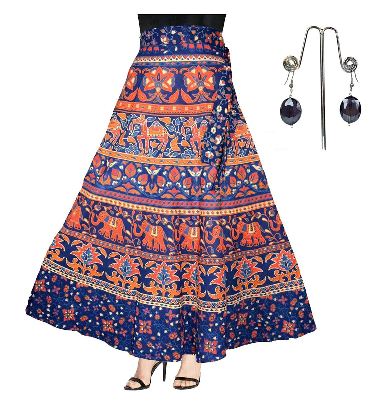 eshopitude combo cotton jaipuri wrap around skirt with dangling earring