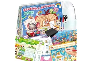 Elfew Reusable Activity Book for Kids Ages 4-8, 8-12, 30+ Reusable Travel Games with 2 Marker, Car Games for Kids, Travel Learning Toys for Toddlers Road Trip Airplane Activity