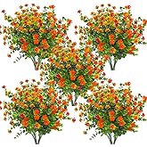 Grunyia 10 Bundles Artificial Fake Flowers, Faux Outdoor Plastic Plants UV Resistant Shrubs Outside Indoor Decorations (Orange-Eucalyptus)
