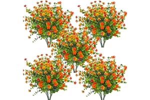 Grunyia 10 Bundles Artificial Fake Flowers, Faux Outdoor Plastic Plants UV Resistant Shrubs Outside Indoor Decorations (Orange-Eucalyptus)