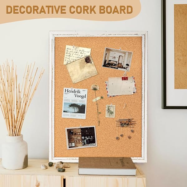 DOLLAR BOSS WHITE CORK BOARD FOR WALL – 24 X 18 INCHES, RUSTIC WOODEN FRAME BULLETIN BOARD, DECORATIVE HANGING PIN BOARD FOR OFFICE & HOME DECOR