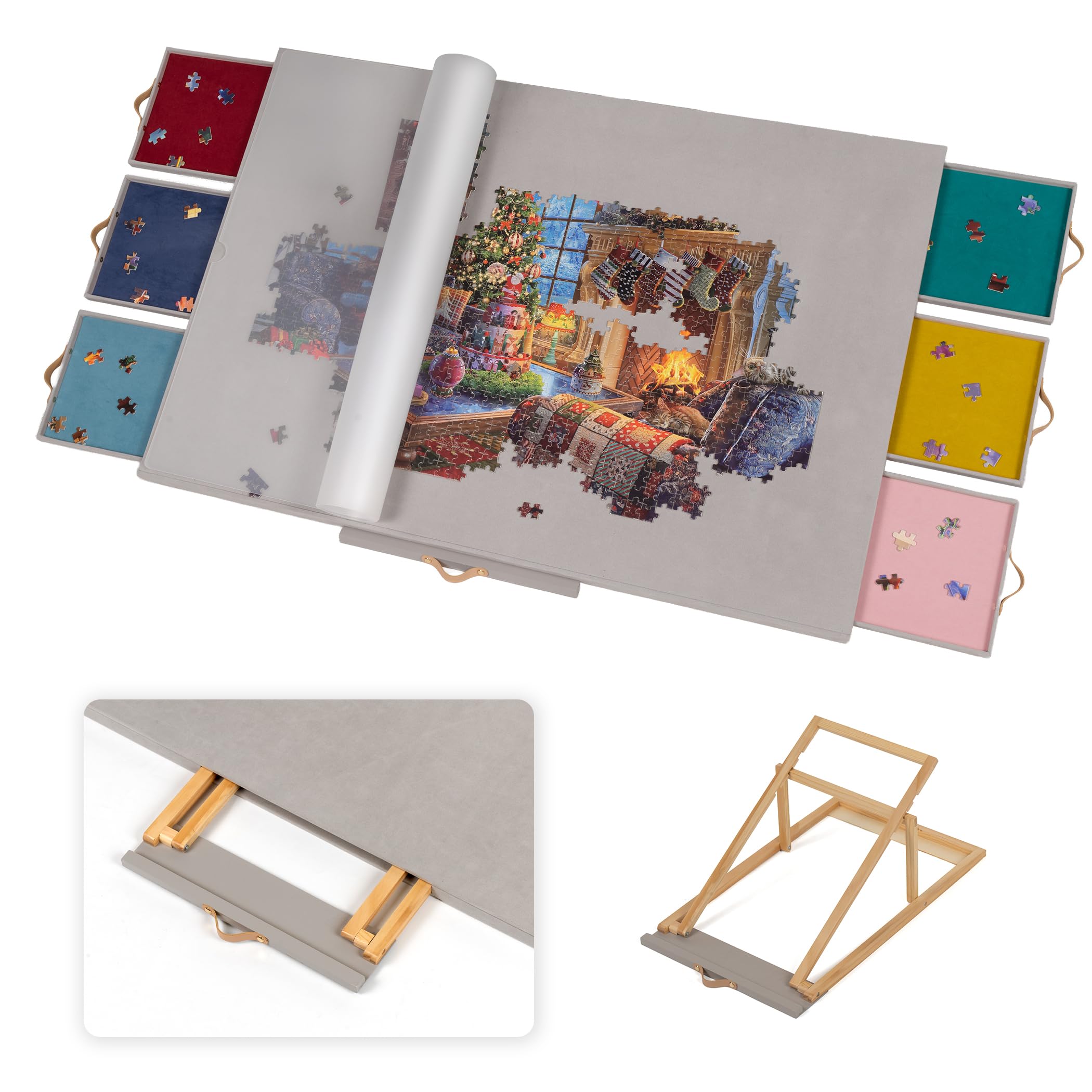 Lavievert Whole Flannel Covered Tilting Puzzle Board with 6 Drawers & Cover, Adjustable Plateau with Stand/Bracket for Adults, Portable Puzzle Table with Non-Slip Tabletop for Up to 1500 Pieces - Gray