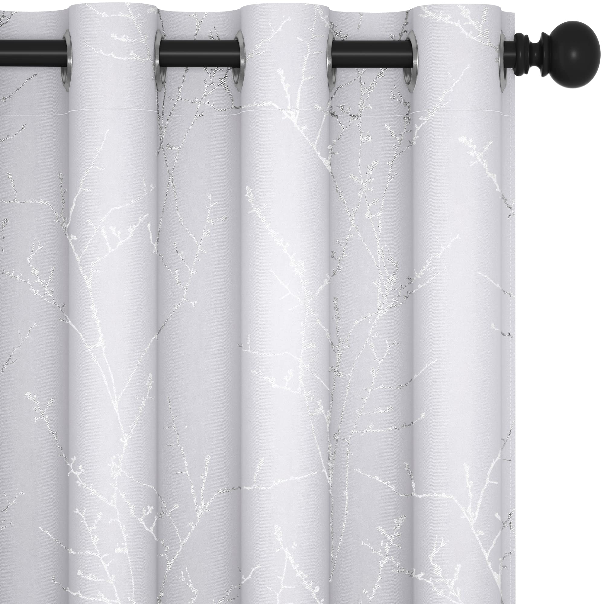 Deconovo Blackout Curtains Eyelet, Silver Tree Branches Printed Curtains for Nursery, White, 52 x 63 Inch (Width x Length), 2 Panels