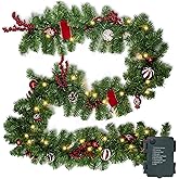 Nerosun 9FT Christmas Garland with 50LED Lights, Battery Operated Prelit Garland Christmas Decorations Timer 8 Mode, Artificial Outdoor Christmas Garland Greenery Pinecone for Indoor Door Decor