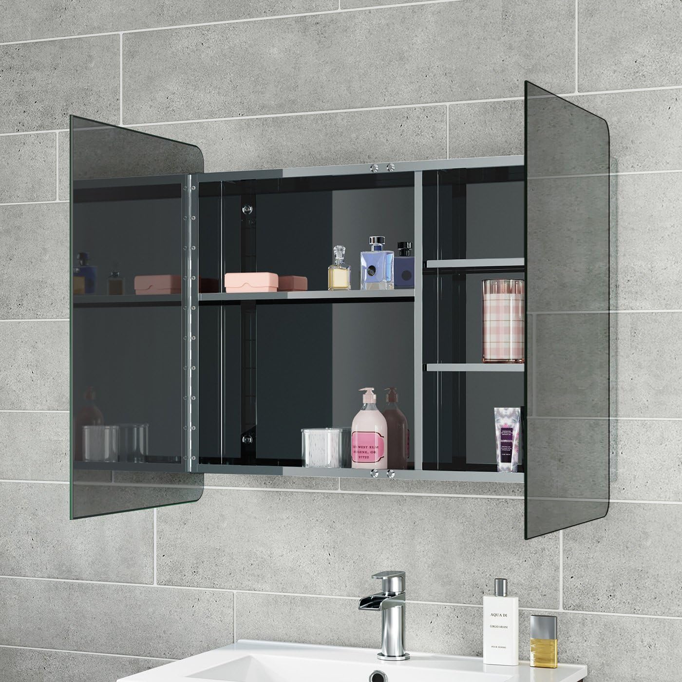 iBathUK Double Door Stainless Steel Wall Mounted Mirror Storage