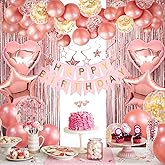 Rose Gold Birthday Party Decorations, Happy Birthday Banner, Rose Gold Fringe Curtain, Heart Star Foil Confetti Balloons, Hanging Swirls for Women Girls Birthday Princess Party