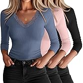 Oakgarden 3 Pack Women's 3/4 Sleeve Lace Tops V Neck Cotton Ribbed Sexy Shirts Slim Fit Going Out Top Y2k Casual T-Shirts