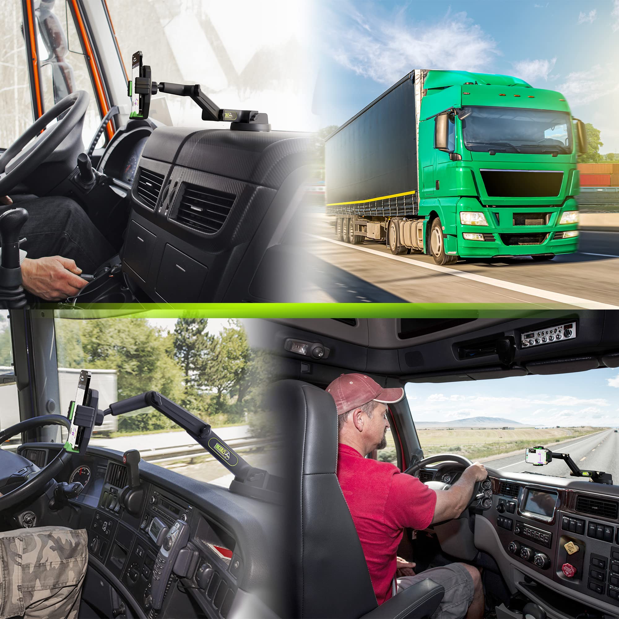 Phone Mount for Truck Phone Holder for Truck - Heavy Duty Super Suction Cup, Mobile Device Holder Dashboard Window 16.9 inch Long Arm & Stable, iPhone & Samsung Compatible, Commercial Trucker, Green