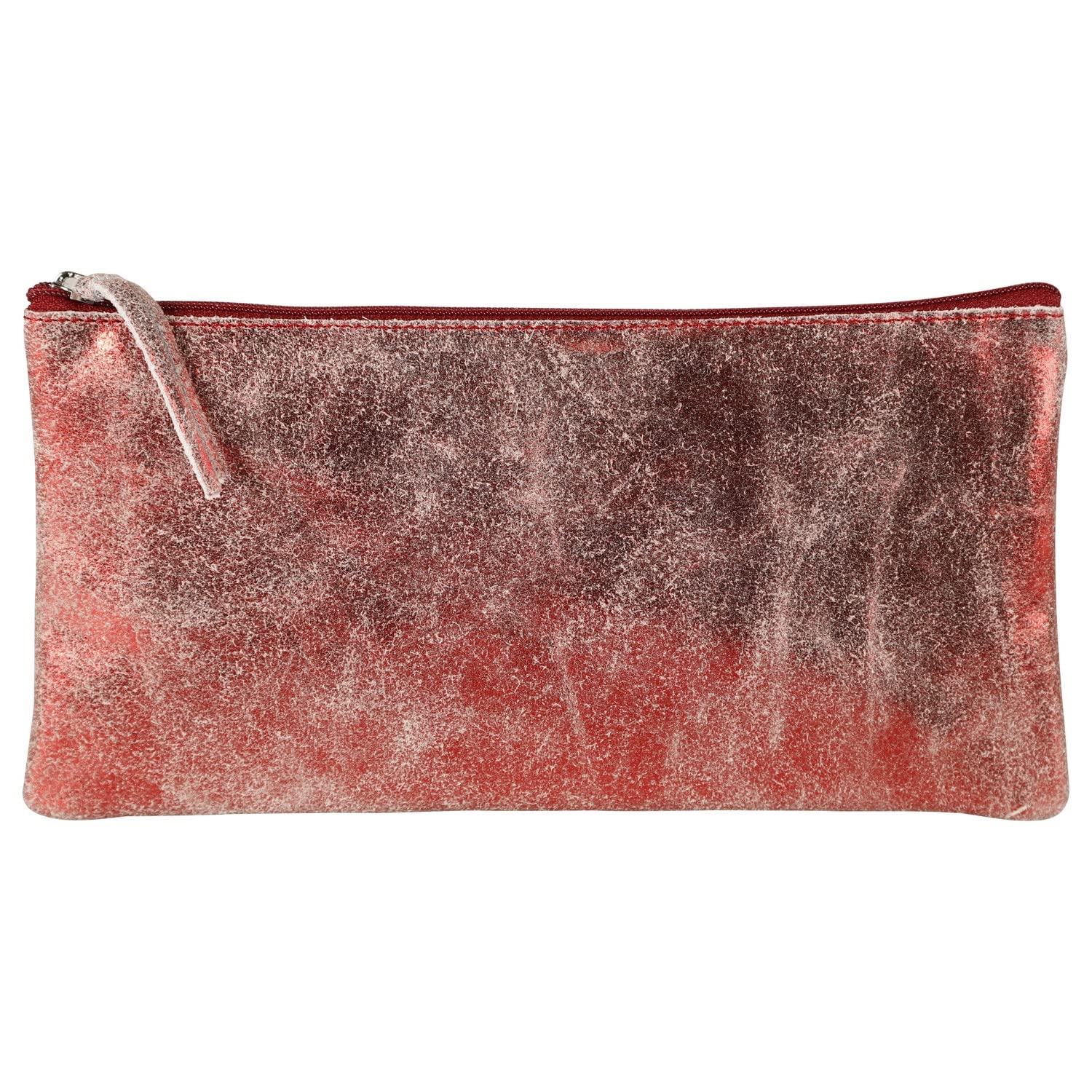 Clairefontaine - Ref 410069C - Ruby' Suede Flat Pencil Case - 22 x 11cm, Made From Genuine Lambskin Leather, Metal Zip With Leather Puller - Shiny Red