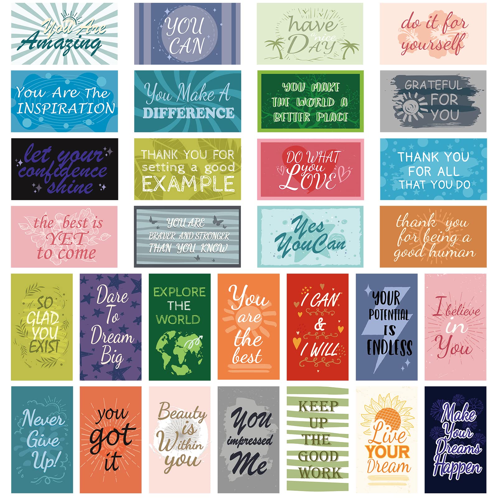 MWOOT 90 Pcs Motivational Quote Note Cards, Encouragement Greeting Cards for School Workplace Gifts, Mini Inspirational Appreciation Business Cards for Student Teacher Colleague(30 Styles,Simple)