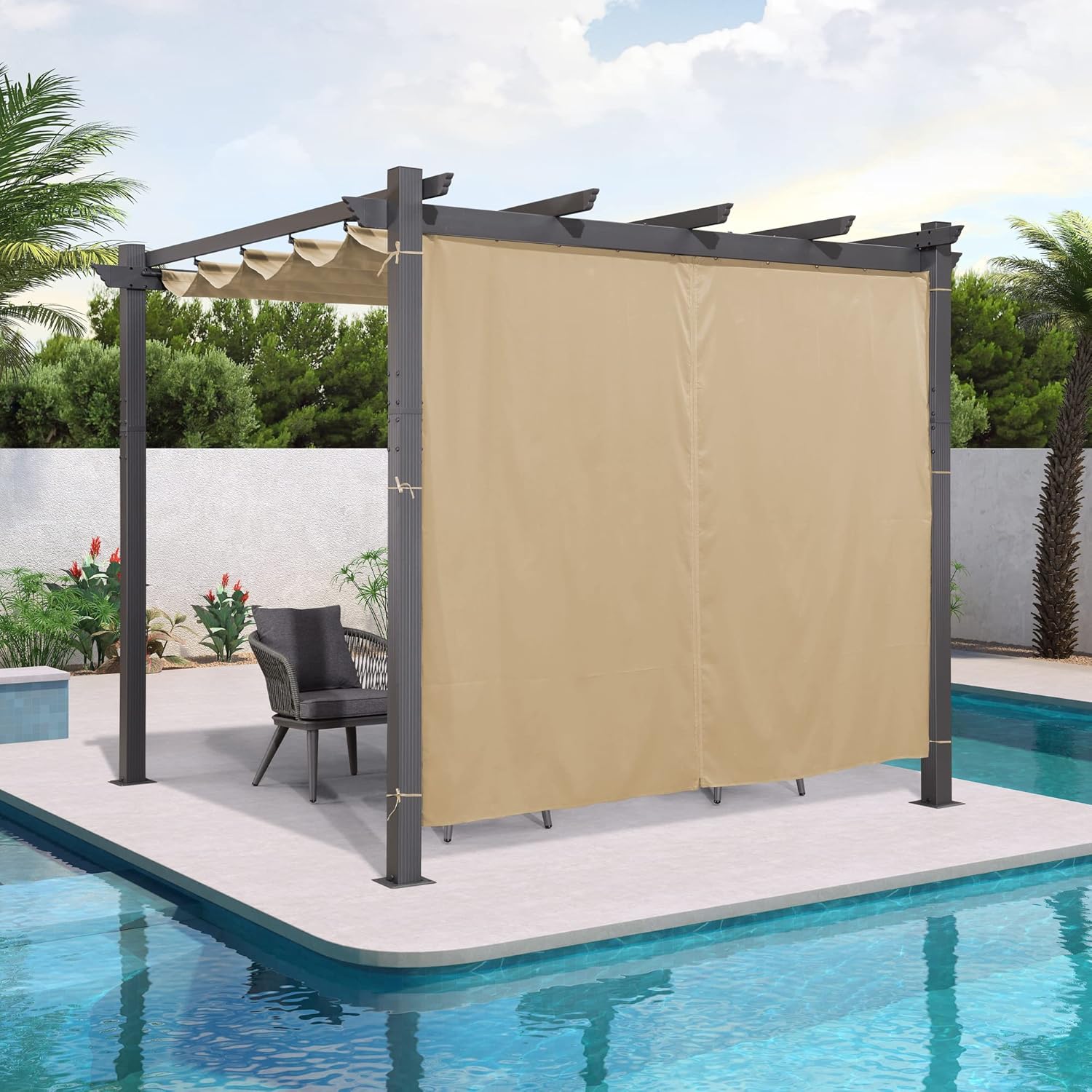 Outdoor Curtains - PURPLE LEAF Outdoor Curtains Privacy for 10' Side Pergola with Grommets and Rod Outside Porch Shade Patio Deck Retractable Replacement Gazebo Cabana Curtain Set of 2 Panels 49 x 82 inch Beige