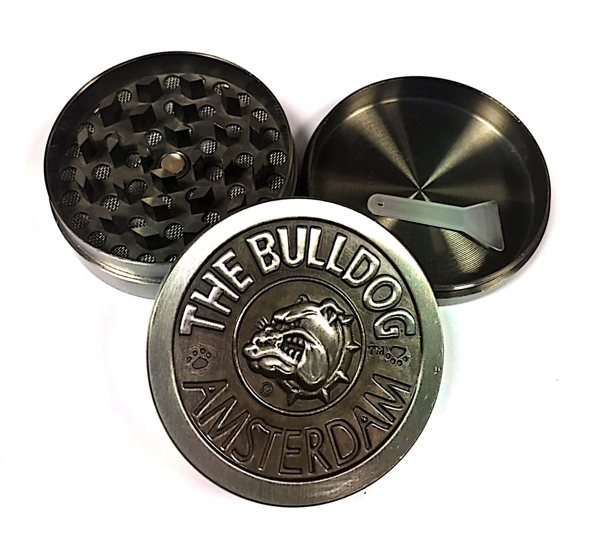 The bulldog 3 part embossed silver metal grinder with diamond shaped teeth for a fine grind