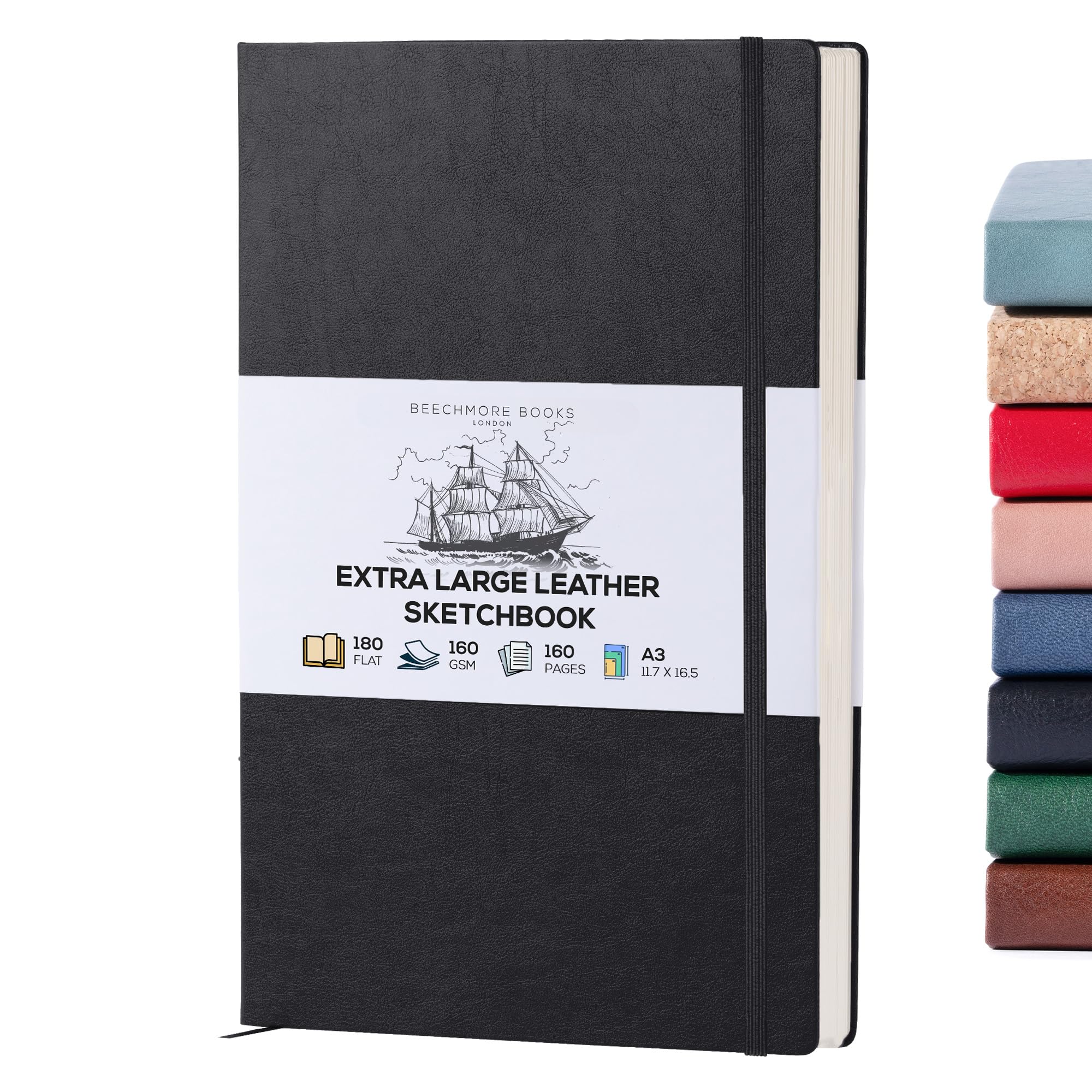 Photo 1 of Beechmore Books A3 Sketchbook – 11.7x16.5 Premium Vegan Leather Bound Extra Large Sketch Book Hardcover, 160gsm 160 Perforated Ivory Pages, Blank Sketch Pad, Gift Boxed, Back Pocket, Ribbon Bookmark