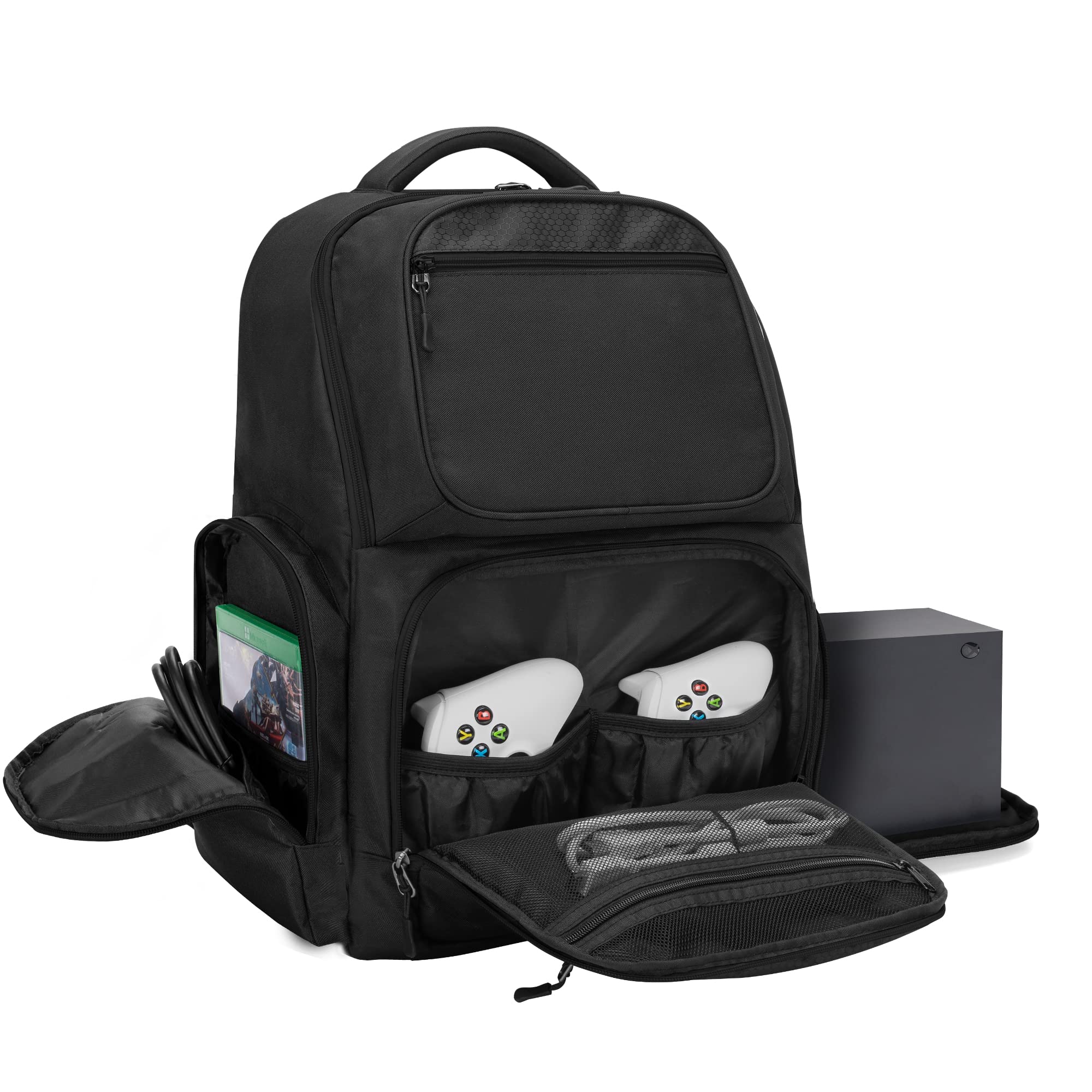 Trunab Travel Backpack Compatible with Xbox Series X Carrying Case Game Storage Bag with Inner Divider for Xbox X/S Console, Multiple Pockets for 15.6” Laptop and Other Gaming Accessories, Black