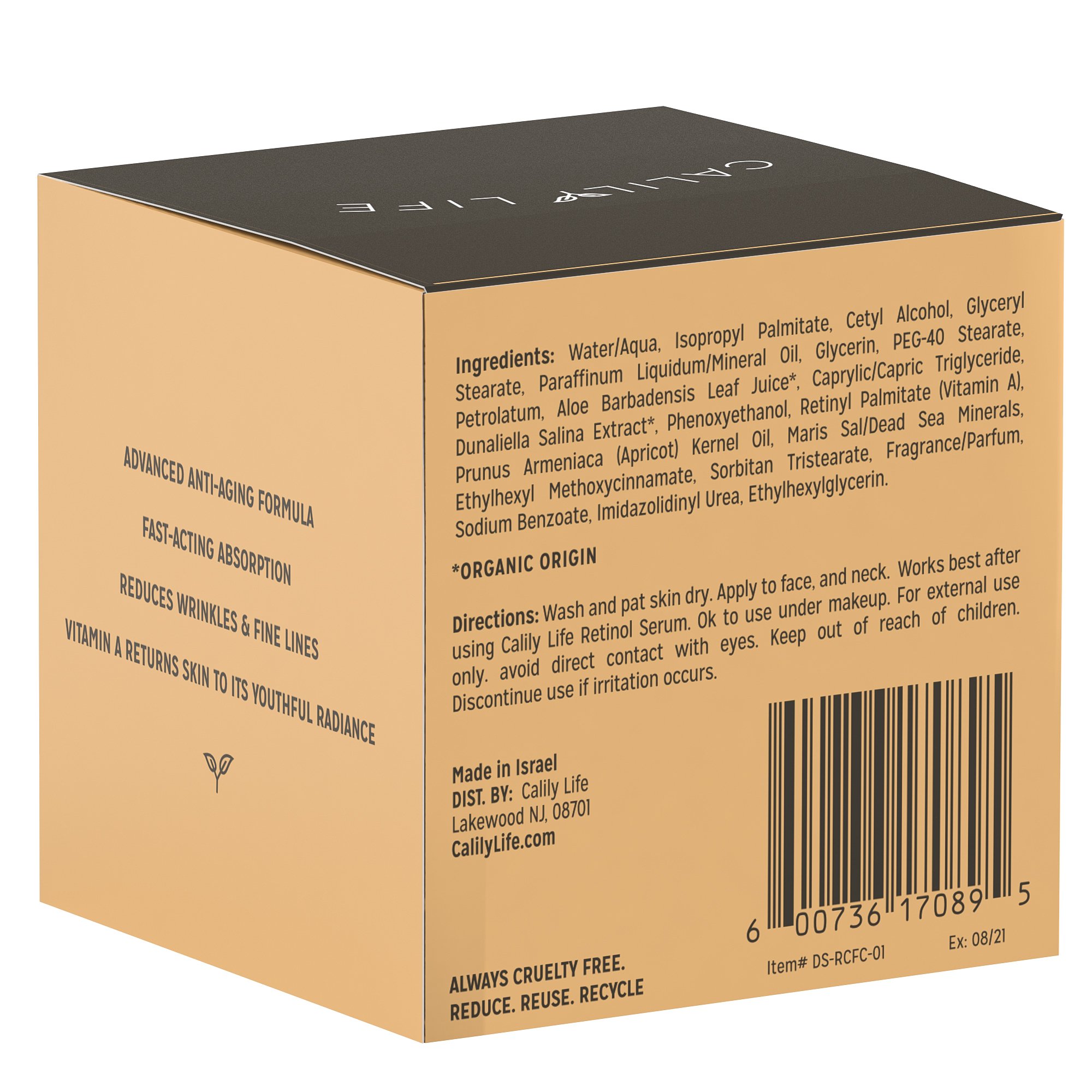 CalilyLife Organic Anti-Aging Retinol Day Cream with Dead Sea Minerals, 1.7 Oz. – Non-Greasy, Fast Absorbing – Anti-Wrinkle, Hydrates, Smooths, Regenerates and Strengthens