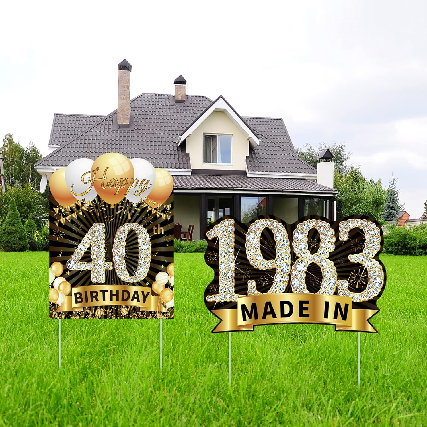 Yard Signs - 2Pcs 40th Birthday Yard Signs Decorations - Happy 40th Birthday Yard Sign and Made in 1983 Lawn Sign, Funny Yard Signs with Stakes for Men and Women, Outdoor Party Supplies, Black Gold