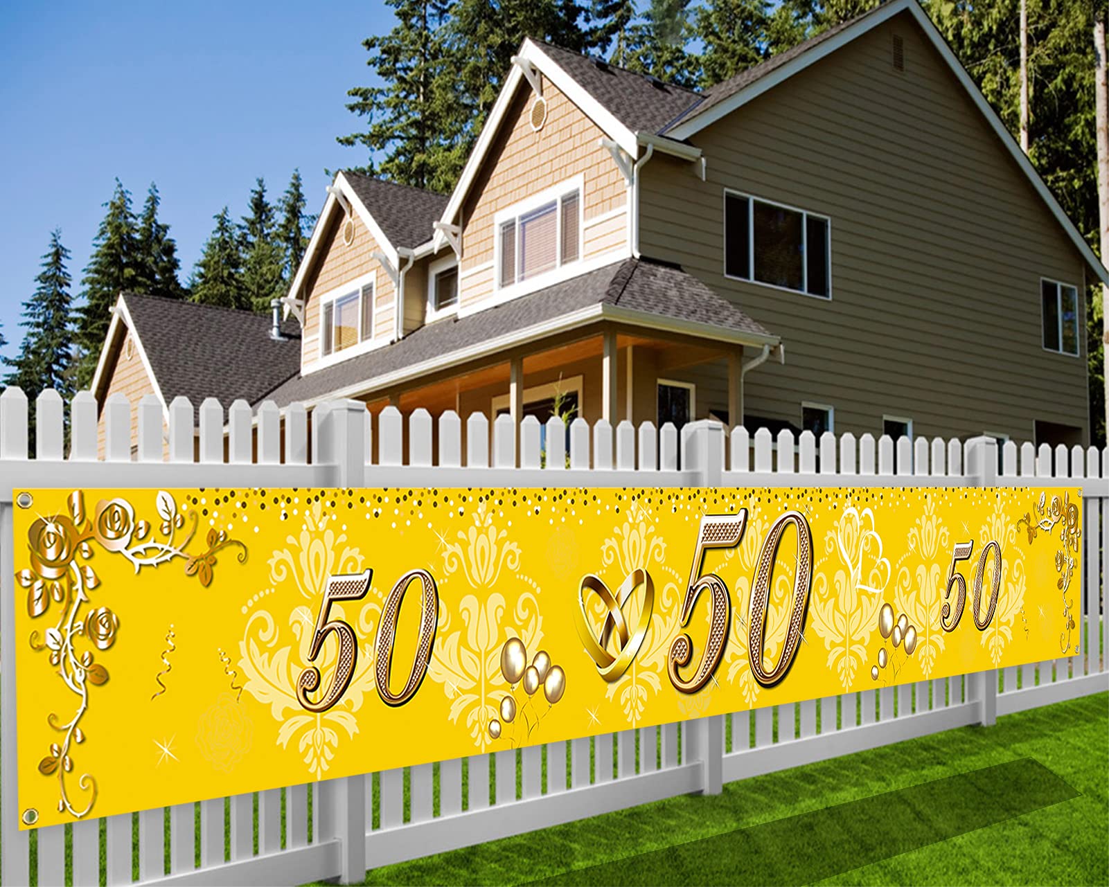 HOWAF 50th Anniversary Banner for 50th Golden Wedding Anniversary Decoration, Fabric Banner for Wall Garden Table Decoration for Golden Wedding Party 50th Birthday Decoration Supplies, 270 * 35cm