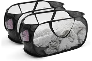 TECHMILLY Mesh Pop Up Laundry Basket with Strong Handles, Large Opening Collapsible Clothes Hampers, Portable & Easy for Use (2 Pack, Black)