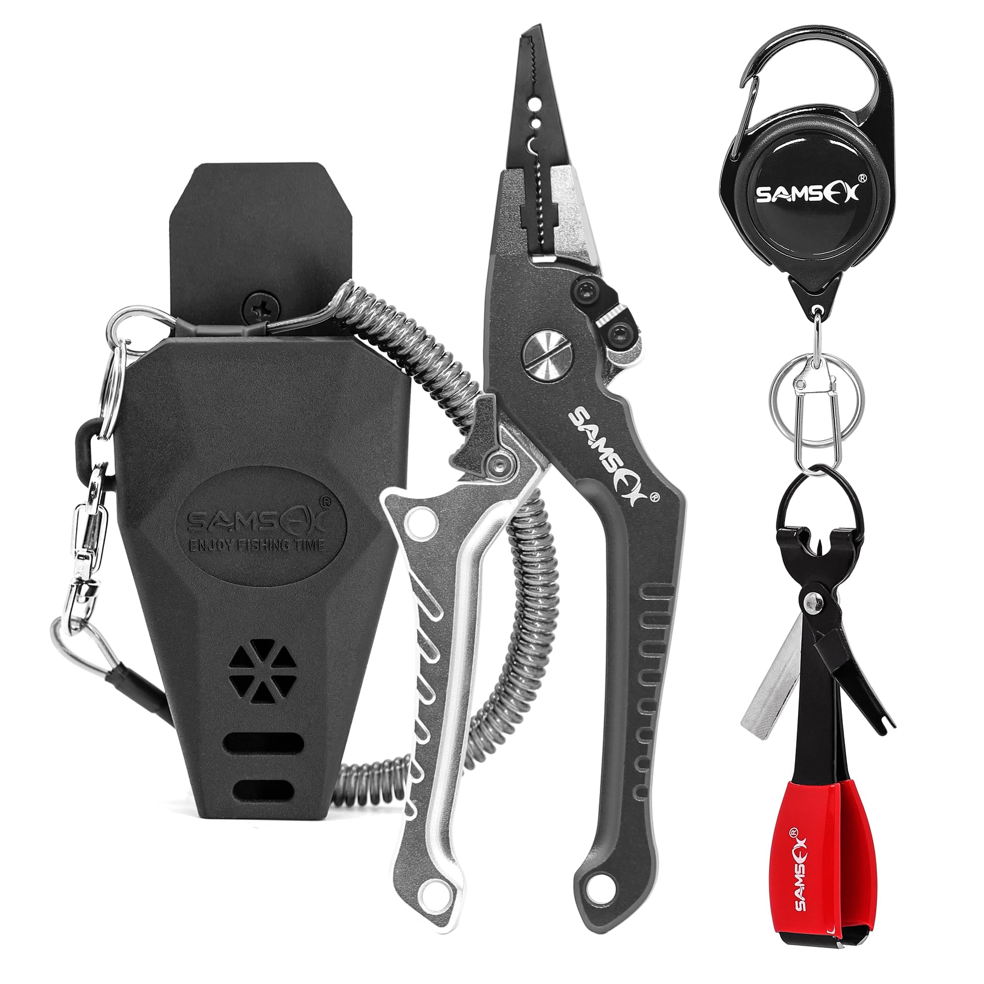 SAMSFX Aluminum Fishing Locking Pliers Saltwater Braid Cutter Hook Remover Pliers with Lanyard and Sheath, Quick Knot Tool Combo
