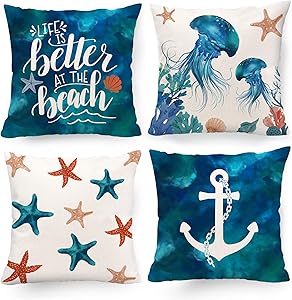 Hexagram Beach Themed Decorative Pillow Covers 18 x 18, Summer Coastal Ocean Starfish Anchor Pattern Throw Pillow Covers Set of 4 for Living Room Sofa Couch Patio Turquoise Outdoor Beach Home Decor