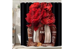 MESHELLY Red Black Girl Shower Curtain 72Wx72H Burgundy Rose Floral African American Bathroom Curtain Black Women Peony Flower Positive Quote Bath Curtain Fabric Afro Lady Bathroom Decor with 12 Hook