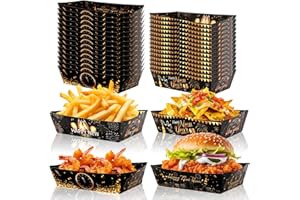 HOWAF 24pcs Happy New Year Party Supplies Food Trays Black and Gold New Year Eve Disposable Trays 2026 NYE Food Boats Burger Fries Popcorn Holder Paper Tray for New Years Party Celebration