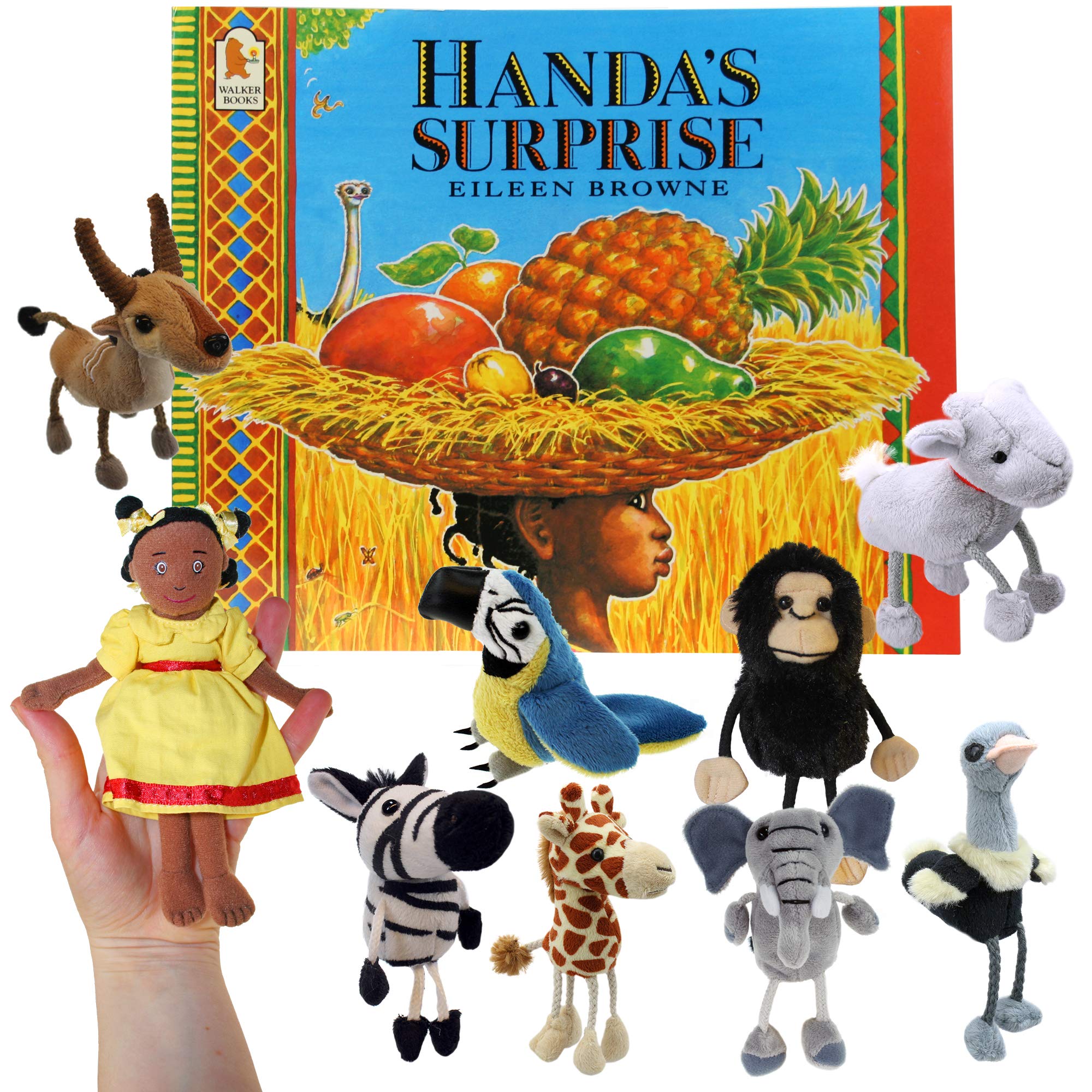 The Puppet Company Handa’s Surprise Paperback Book and Finger Puppet Set (Girl, Monkey, Ostrich, Zebra, Elephant, Giraffe, Antelope, Parrot, Goat & Red Velvet Zip-Top Storage Bag with Clear Window)
