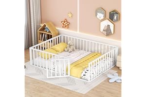 Acosure Queen Size Montessori Floor Bed Frame,Metal Grounded Bedframe with Fence & Door,No Box Spring Needed,Easy to Install,Bedroom Furniture for Kids Toddlers Boys Girls,White