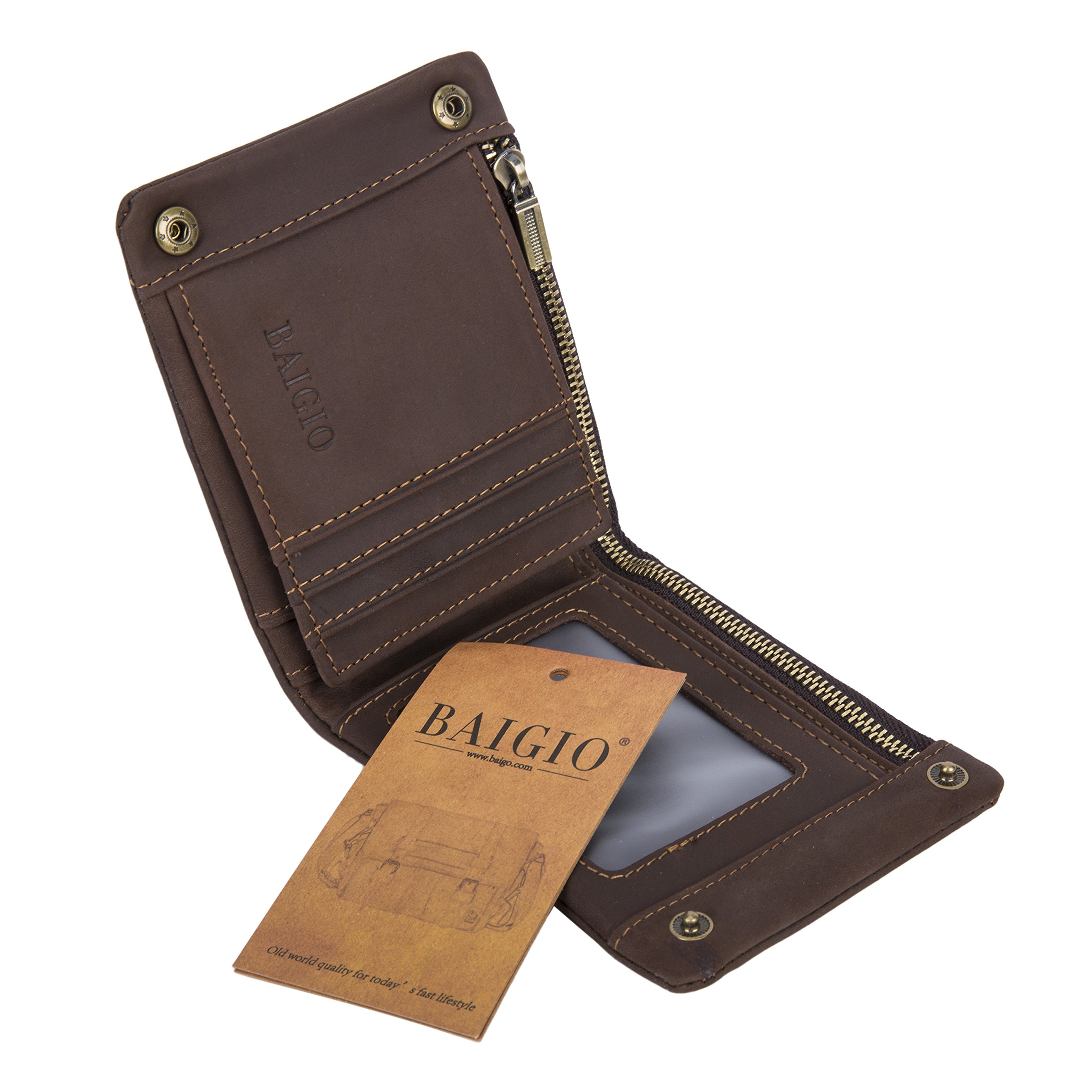 Mens Retro Leather Zipper Wallet Crazy Horse Calfskin Coin Pouch Card Case with ID Window - Dark Brown