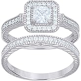 Jewels By Lux Sterling Silver Womens Princess-Cut Round Cubic-Zirconia Duo Bridal Anniversary Wedding Engagement Band Ring Set